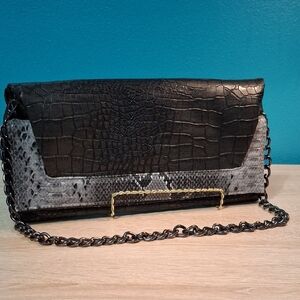Sondra Roberts Black Croc-Embossed Clutch with Gray Snake-Print Trim